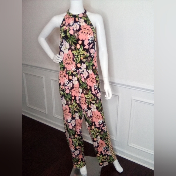 LondonTimes Women's Floral Halter Jumpsuit - Pink and Green, Sz.14 - Picture 3 of 13